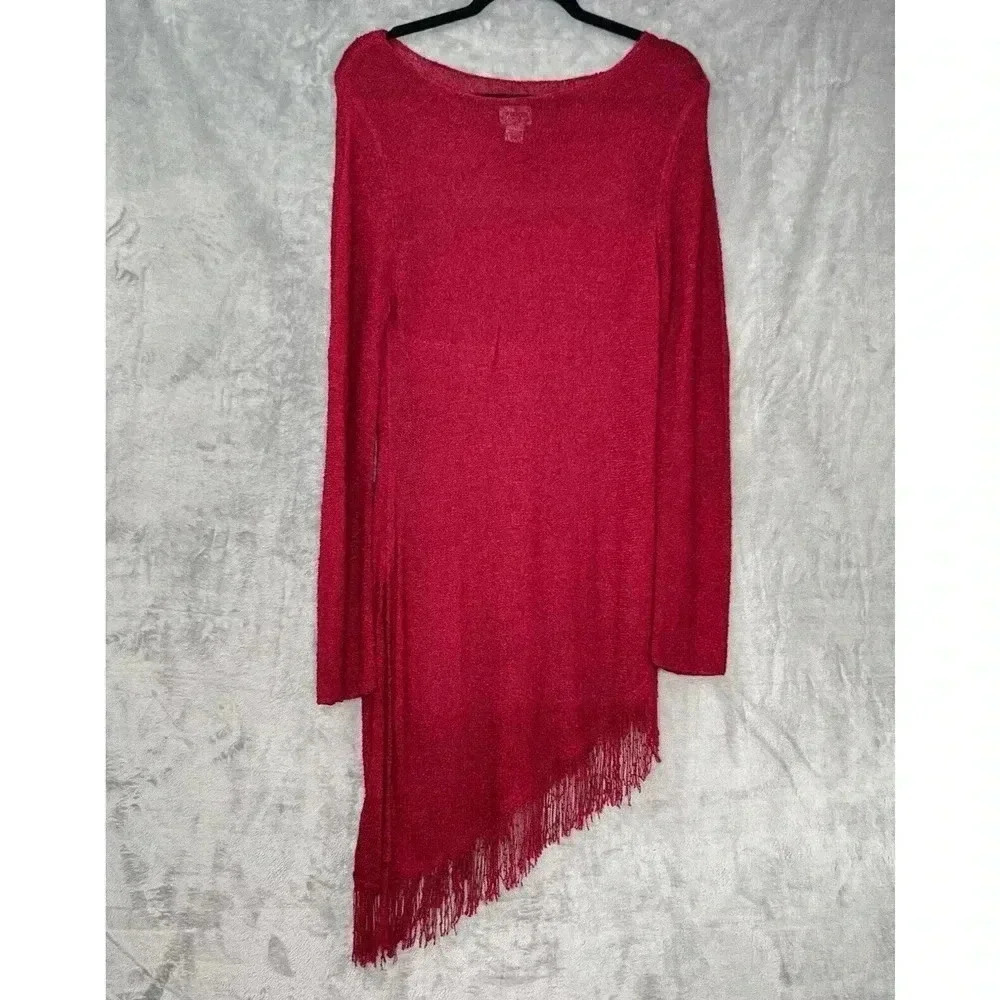 Chicos Womens Sz L Mesh Fringes Red Disco Dress Asymmetrical Hem Side Slit
